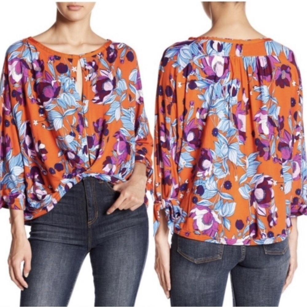 Free People Orange Purple Floral Blouse XS Twist Front Keyhole Top
